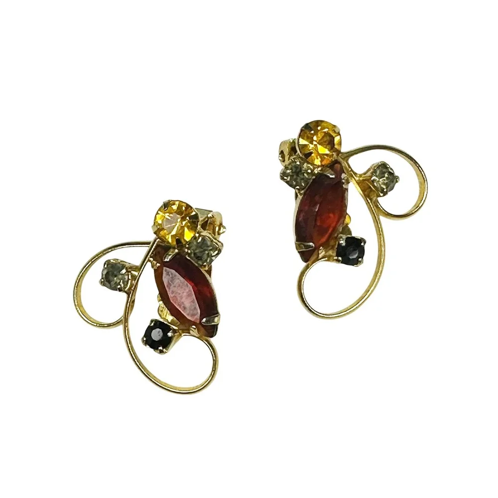 VINTAGE Mid-Century Floral Swirl Motif Clip-on Earrings • amber, gray, gold tone